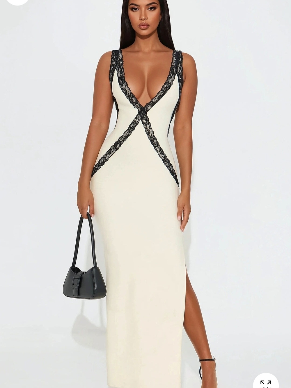 Fashion Nova Cream Maxi Dress with Black Lace Trim
